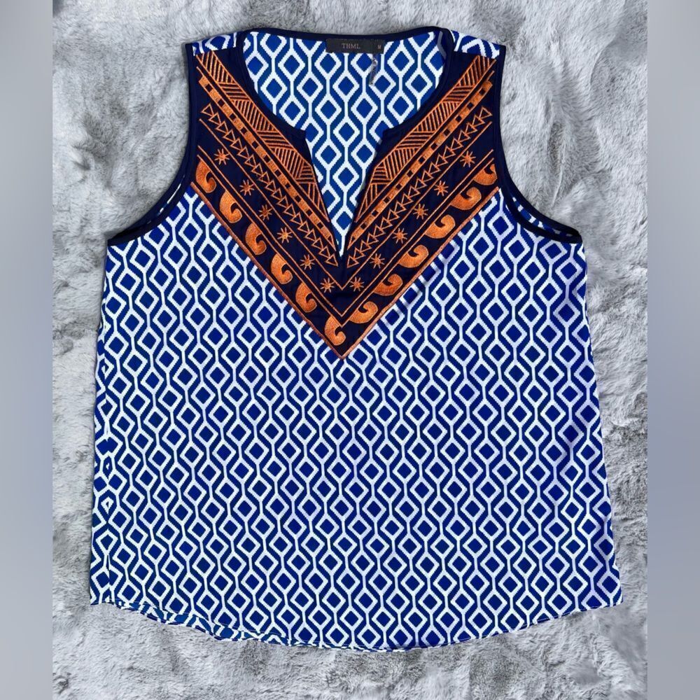 ⭐️THML Blue and White Graphic Tank Top with Bib Collar